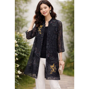 Citron Santa Monica Silk Chiffon Dress Butterfly Embroidered Floral Black Medium